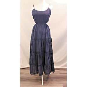 Lulus Cutout Dress Wedding Guest Maxi Womens size M Navy Blue Tiered Lace Trim